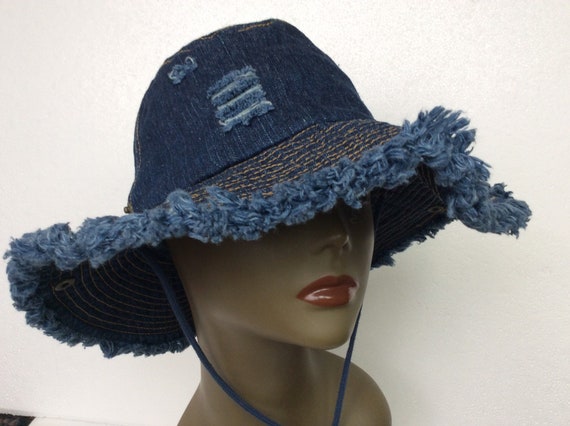 Vintage Denim Bucket Hat/ Floppy Denim Hat /Frayed