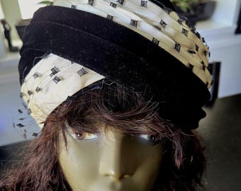 Vintage Black Velvet and Satin Turban Hat