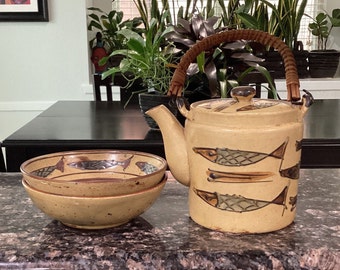 Vtg Pottery Teapot and Bowl/ Japanese