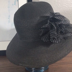 Vtg Black Wide Brim Straw Hat with Bow/  August