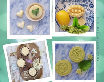 May include: Four different images of handmade soap bars. The first image shows three heart-shaped soap bars on a white marble surface. The second image shows a bar of soap with a textured surface on a blue and white plate with a lemon and green leaves. The third image shows three round soap bars on a wooden tray with flowers. The fourth image shows two round soap bars with the words "Om" and "Lila" on them on a blue and white surface with green leaves and stars.