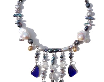 butterfly wings, freshwater pearls, herkimer diamond quartz, glass labradorite beads, evil eye charm necklace