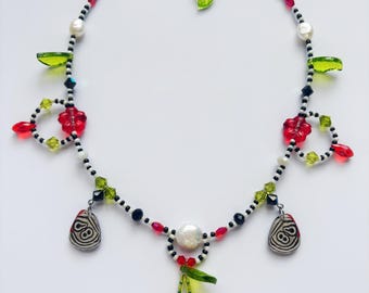 butterfly wings and cherry charm necklace with freshwater pearls and stainless steel