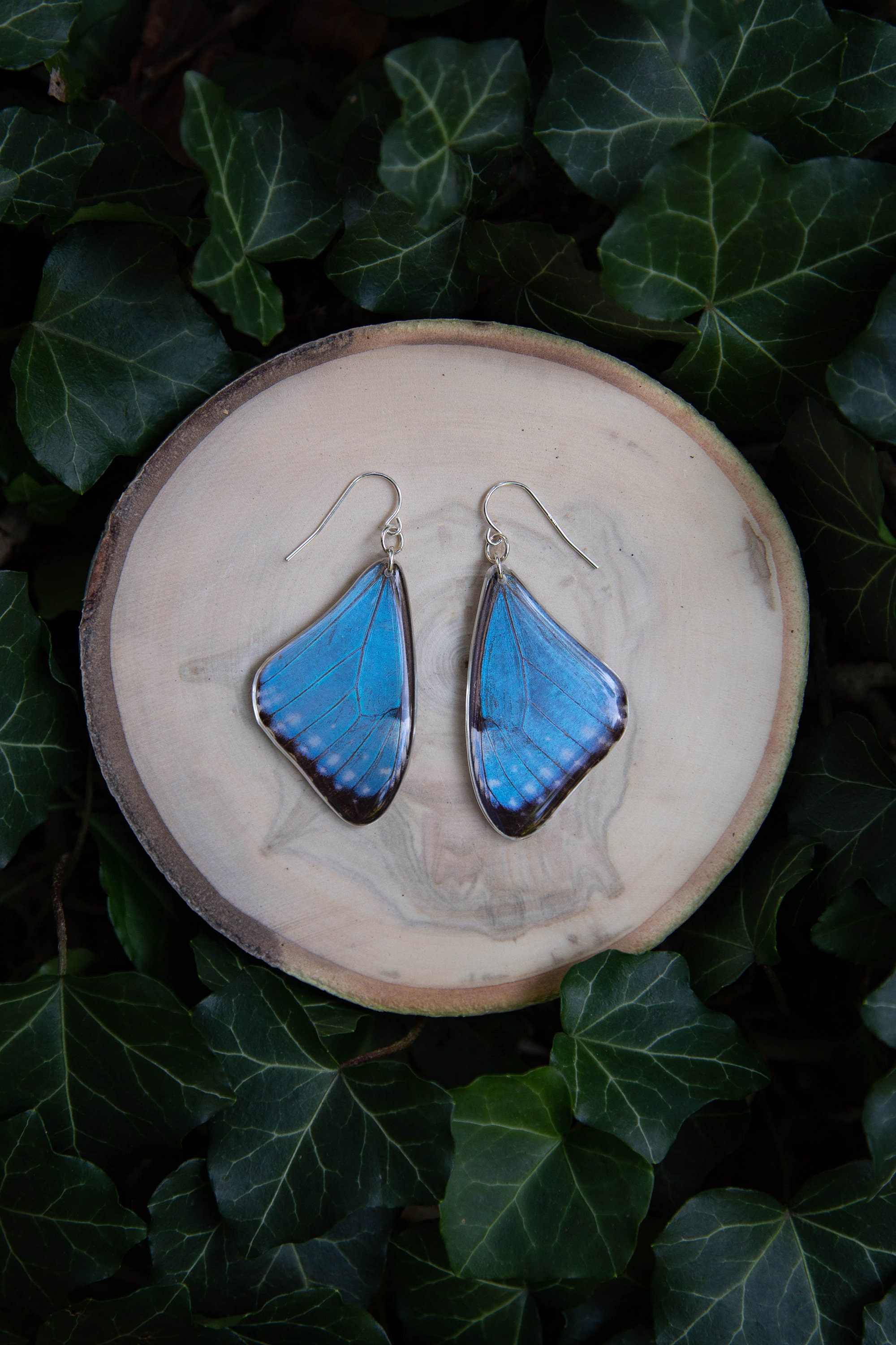 Orecchini A Goccia Sienna Sky Farfalla 3D Blu Morfo &ndash; Argento Sterling E Ottone, Fatti A Mano USA