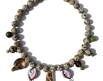 oleander hawk-moth wing, dalmatian jasper, green agate, smokey quartz beads, evil eye charm necklace