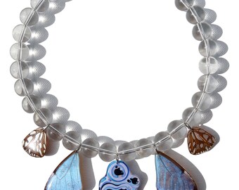 butterfly wings, glass beads, glass blown teardrop, evil eye inspired charm necklace