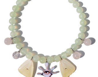 luna moth wings, lemon agate, rose quartz beads, evil eye charm necklace, stainless steel