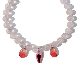 blushing phantom butterfly wings, archival resin, rose quartz beads, evil eye inspired charm necklace