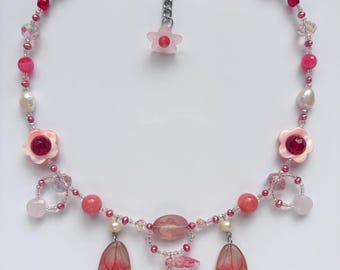 butterfly wings, flowers, and cherry charm necklace with freshwater pearls, agate, and jade beads