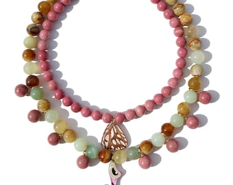 passion butterfly wing, pink rhodolite, jade beads, evil eye inspired charm, double strand necklace