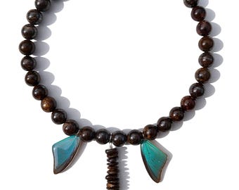 sky-blue hairstreak butterfly wings, bronzite beads, and evil eye inspired charm necklace