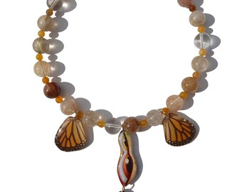 monarch butterfly wings, gold rutilated quartz beads, evil eye inspired charm necklace, gold hardware