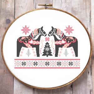 Dala Horses Christmas - Swedish horses- digital cross stitch pattern
