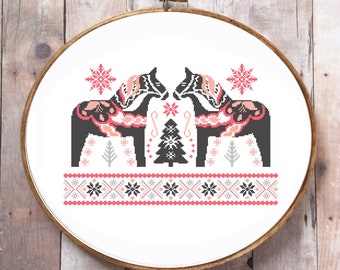 Dala Horses Christmas - Swedish horses- digital cross stitch pattern