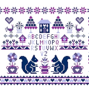 May include: A cross-stitch pattern featuring a symmetrical design with a white background. The design includes purple and blue floral borders, snowflakes, hearts, birds, houses, trees, squirrels, flowers, and the alphabet. The overall theme is a winter or holiday motif.