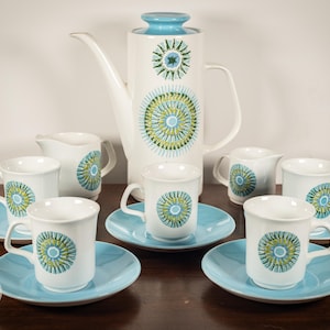 Vintage J&G Meakin Studio Coffee Set - Retro Aztec Pattern in Blue and Green