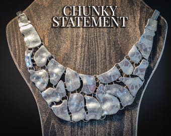 Vintage Silver-Tone Chunky Statement Bib Necklace, 80s Boho Textured Metal Jewellery