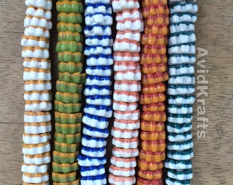 Pale OrangePeach Krobo Tube with White Blue Handpainted Design Recycled Glass Beads from Ghana Size 11-13mm approx Pack of 6 Beads