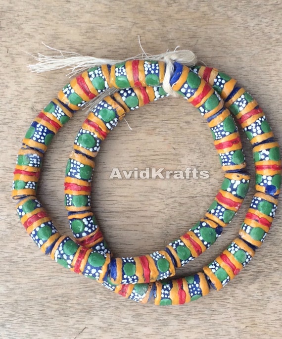 red yellow 10 Hand Painted Recycled Glass Beads 37 African beads AvidKrafts Green Beads with White Ghana krobo beads