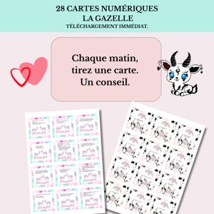 May include: Digital card set with the text "28 CARTES NUMÉRIQUES LA GAZELLE TÉLÉCHARGEMENT IMMÉDIAT." The image features a pink background with two sheets of cards, one with deer illustrations and the other with a floral design. A cartoon goat is also present.