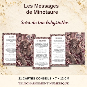 Peut inclure: Un ensemble de 21 cartes conseils en téléchargement numérique intitulé Les Messages de Minotaure et Sors de ton labyrinthe. Chaque carte présente une illustration de minotaure avec du texte en français. Les cartes mesurent 7 par 12 cm.