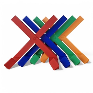 May include: A set of six colorful wooden sticks, each with a unique shape and color. The sticks are arranged in a criss-cross pattern, creating a geometric design. The colors are red, blue, green, and orange.