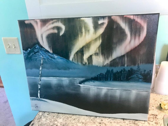 Northern Lights Mountain Icy Lake Nature Original Painting Etsy