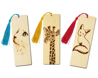 Animal Wooden Bookmarks; Personalized Pyrography bookmark; Fox Cat Giraffe