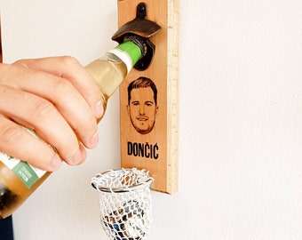 Abridor de botellas Luka Doncic; Abridor de cerveza de pared de madera con red; Regalo personalizado para él; Abridor de botellas de pared; Decoración de baloncesto