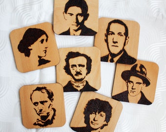 Custom Book Writers Wooden Coasters, Pyrography literature authors, Virginia Woolf, Poe, Kafka, Gaiman, Lovecraft, Baudelaire, Maiakovski