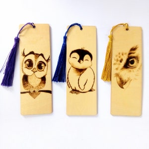 Personalized Animal Wooden Bookmark Baby Owl Baby Penguin design Custom Bookish Gift image 1