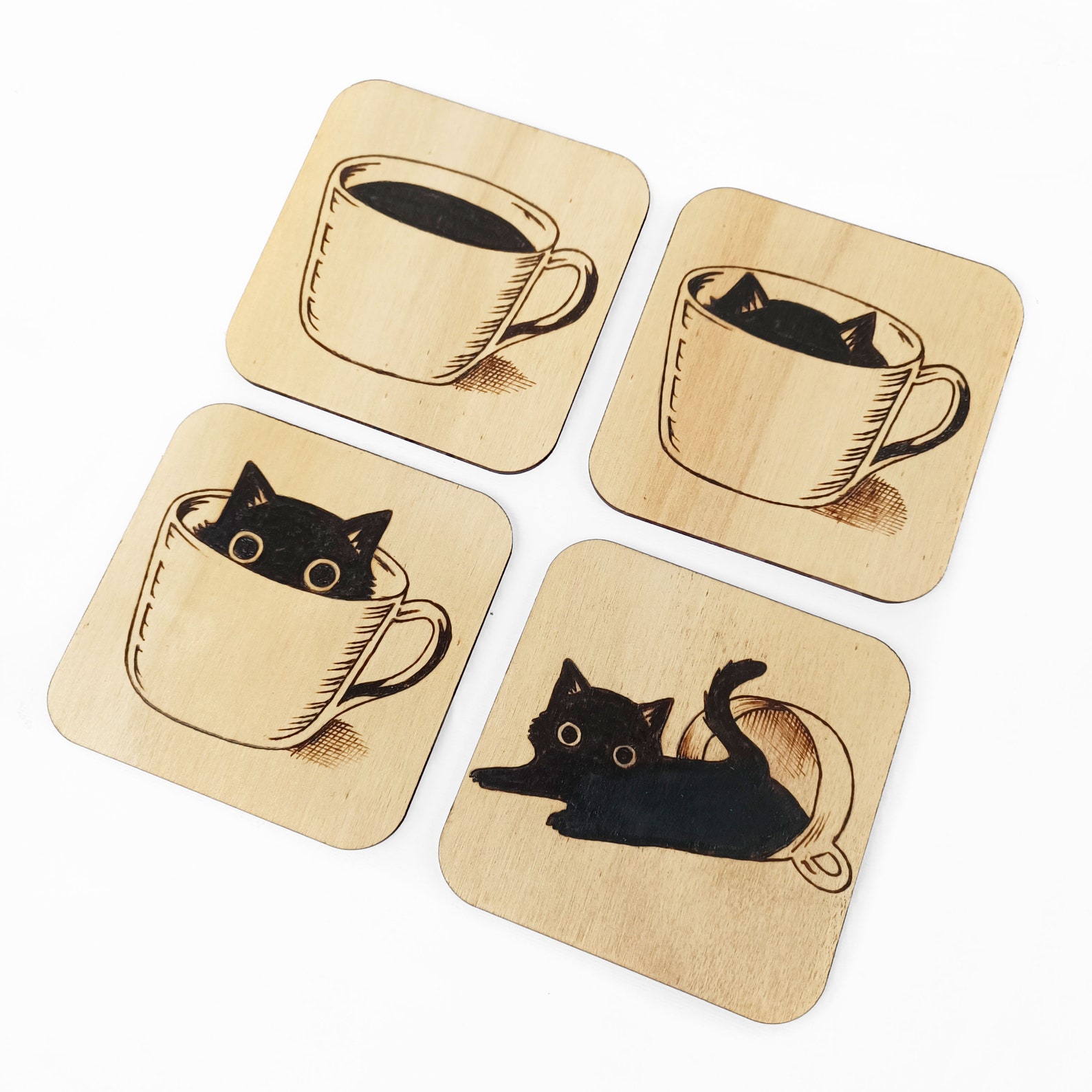 Black Cat Wooden Coaster Set Woodburning Cat Lover Gift - Etsy