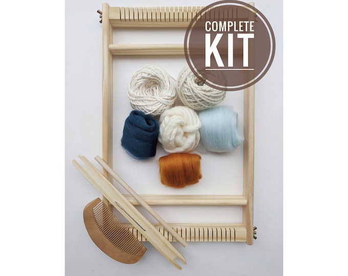 Weaving Starter Pack, Navy and Mustard Beginner Tapestry Kit, Complete with Loom and Tools