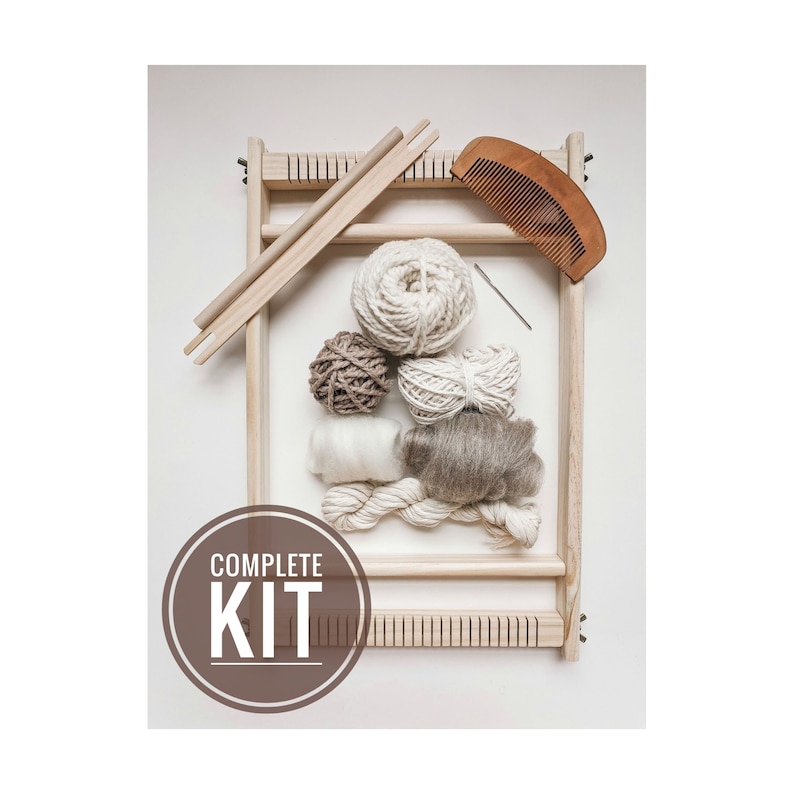 Weaving Starter Pack, Earthy Beginner Tapestry Kit, Complete with Loom and Tools image 1