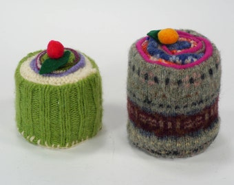 Vintage Set of 2 Sweater Pincushions - Bohemian Pincushions - Upcycled Sweater Pincushions - 4" & 3" Tall - Hand Crafted Pincushions