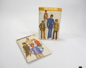 May include: Two vintage sewing patterns for men's clothing. The pattern on the left is Butterick 5206 and features a variety of vests. The pattern on the right is Simplicity 9123 and features a variety of jackets and pants.