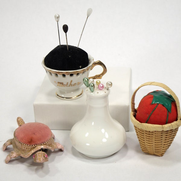 Vintage Pincushions - Lot of 3 - Teacup, Bobbing Head Turtle, Wicker Basket - Porcelain Hat Pin Bottle  - 1" to 3" Tall - Turtle Pincushion