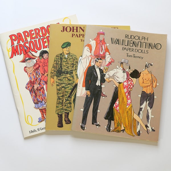 Vintage Lot of 3 Movie Star Paper Dolls - NOS - Tierney & Rosamond - UNCUT -John Wayne, Rudolph Valentino, Paper Doll Masquerade