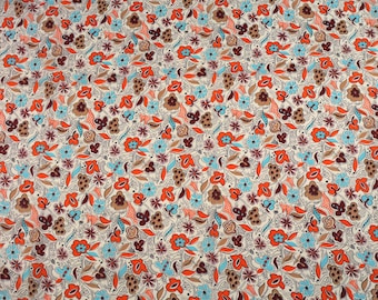 Vintage Retro Floral Print Fabric - Orange, Turquoise, Brown - Apparel Fabric - Flowy Fabric - Light Weight - Blouse Fabric