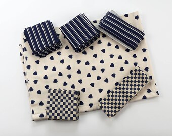 Fabric Grab Bag - Unfinished Project - Hearts & Stripes - Quilt Fabric or Project - Creme/Navy Blue Fabric - Craft Project - Sewing Project