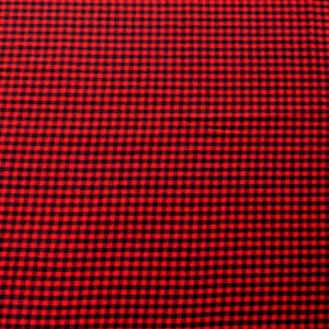 May include: Close-up of a red and black gingham fabric. The pattern consists of evenly spaced squares, creating a classic checkered design. The fabric has a smooth texture and a vibrant color scheme, suitable for various crafting projects.