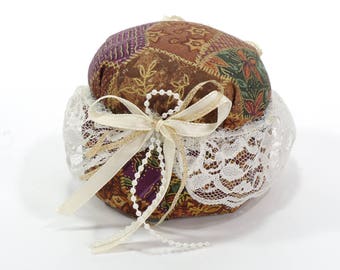 Collectible Round Pincushion - Patchwork Print - Pearl Trim & Lace - Dresser Pincushion - Hat Pinchushion - Girly Pincushion