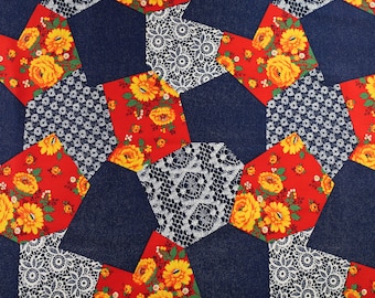 New Crazy Quilt Print Fabric - 1 3/4 Yards x 42" Wide - Cotton Denim - Medium Weight - Picnic Table Cloth Fabric - Denim Purse Project
