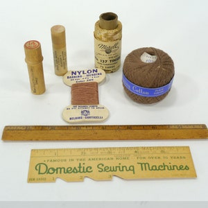 Vintage Lot of 1950's Sewing Accessories - Domestic Sewing Machine Ruler, Wood Needle Case, Darning Threads, Morell Gold Tinsel Thread