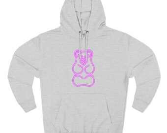 May include: A light gray hoodie with a kangaroo pocket and a drawstring hood. The front features a neon pink outline of a gummy bear. The sweatshirt is made of a soft, comfortable material.