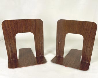 Vintage Woodgrain Metal Bookends Pair