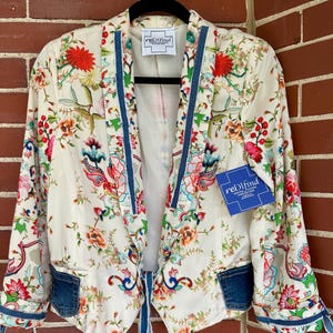 Floral Denim Blazer: Upcycled Jean Accents - Size Medium