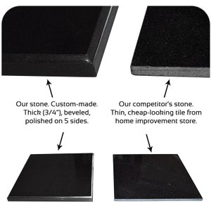 May include: Comparison of two black granite slabs. The top left slab is thick, beveled, and polished on five sides. The top right slab is thin and appears to be a tile. The bottom left slab is a close-up of the thick slab, and the bottom right slab is a close-up of the thin slab.
