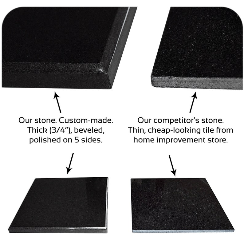 May include: Comparison of two black granite slabs. The top left slab is thick, beveled, and polished on five sides. The top right slab is thin and appears to be a tile. The bottom left slab is a close-up of the thick slab, and the bottom right slab is a close-up of the thin slab.