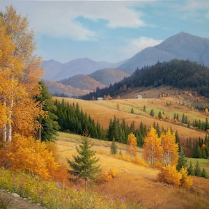 Original oil painting; Mountain oi painting, Palette knife, Summer oil painting, Oil on canvas.